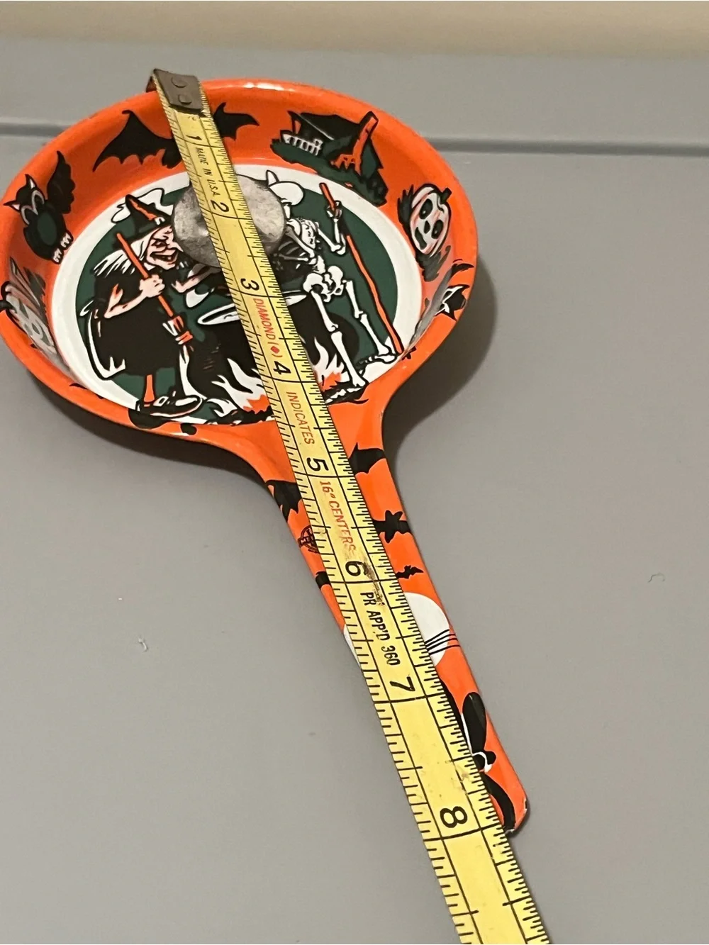 Vintage Halloween Tin Paddle Clicker Noisemaker Witch Skeleton Ghost 8in